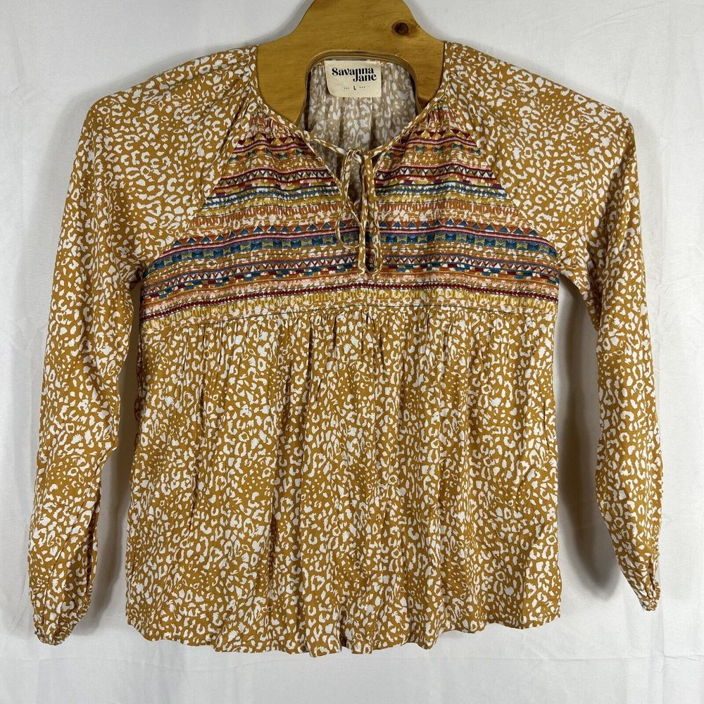 Savanna Jane Embroidered Cactus Gold Leopard Print Long Sleeve Top Size‎ Large